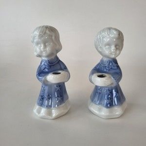 Vintage Porcelain Candle Holders Choir Girl Altar Boy Blue & White